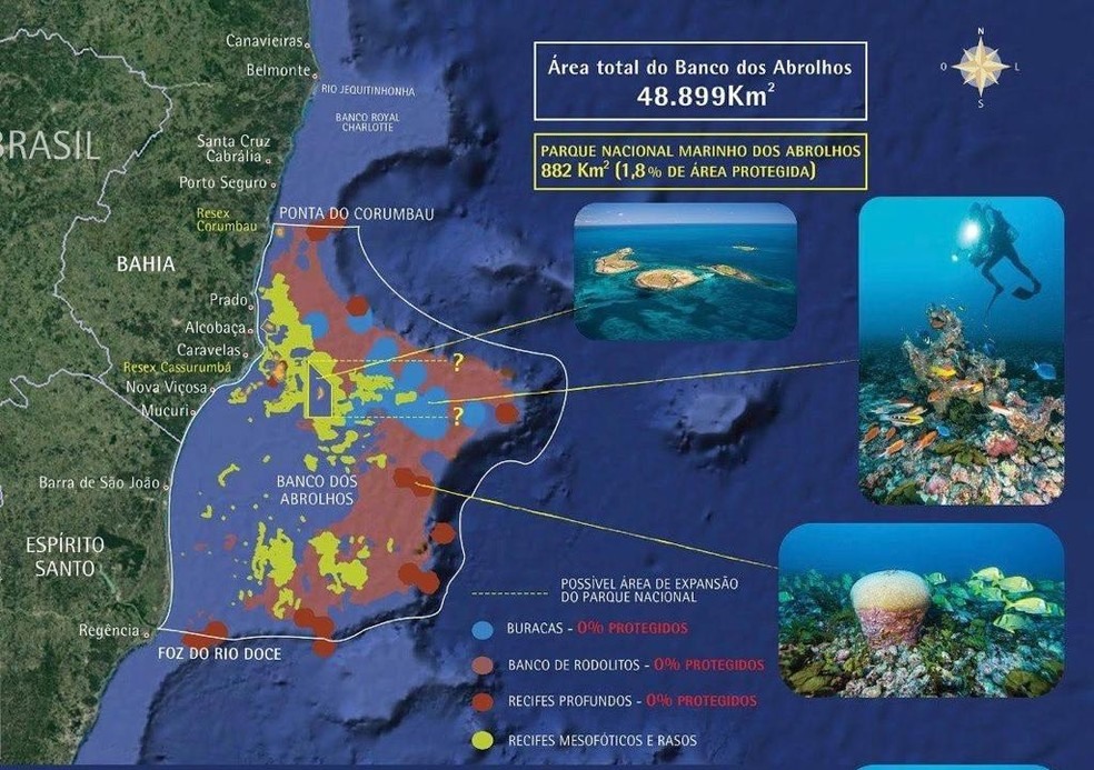 Banco de Abrolhos tem área total de 48.899 km² — Foto: Instituto Baleia Jubarte