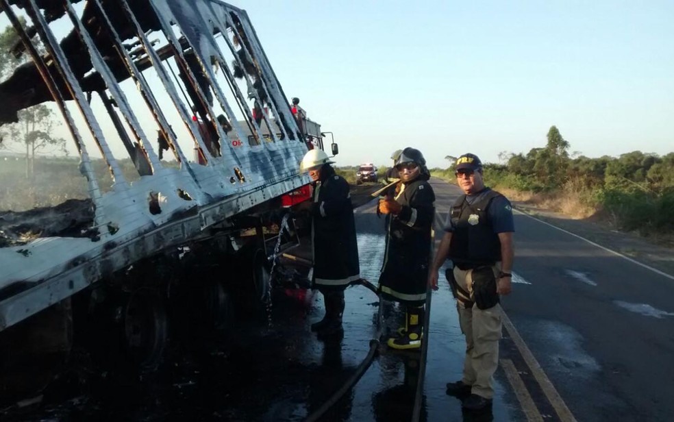 Corpo de Bombeiros fez combate a chamas que atingiram carreta, na BR-101 (Foto: Divulgação/ PRF)