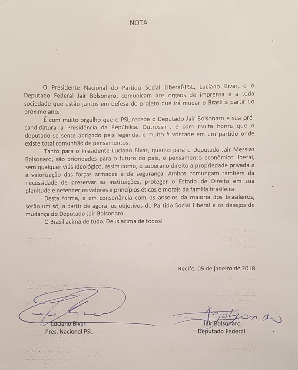 Carta do deputado Jair Bolsonaro anunciando filiação ao PSL (Foto: Reprodução)