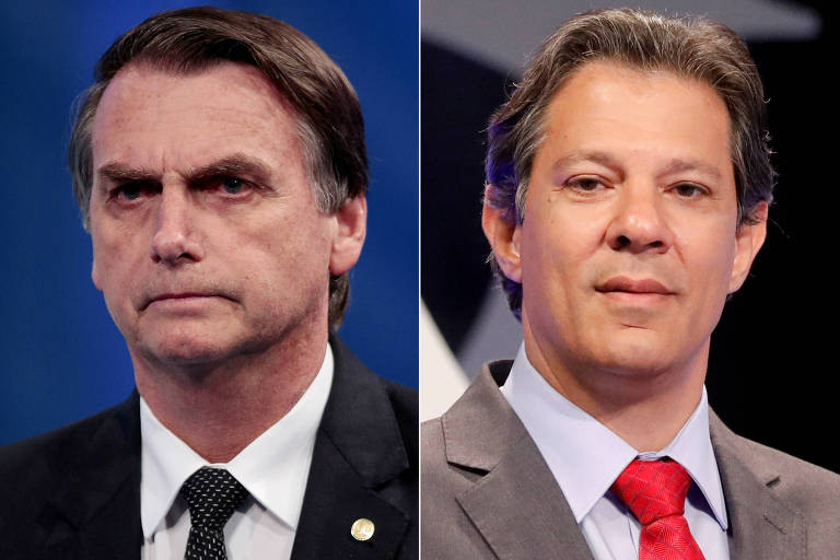 Os lÃ­deres da corrida eleitoral, segundo o Datafolha, Jair Bolsonaro (esq.) e Fernando Haddad