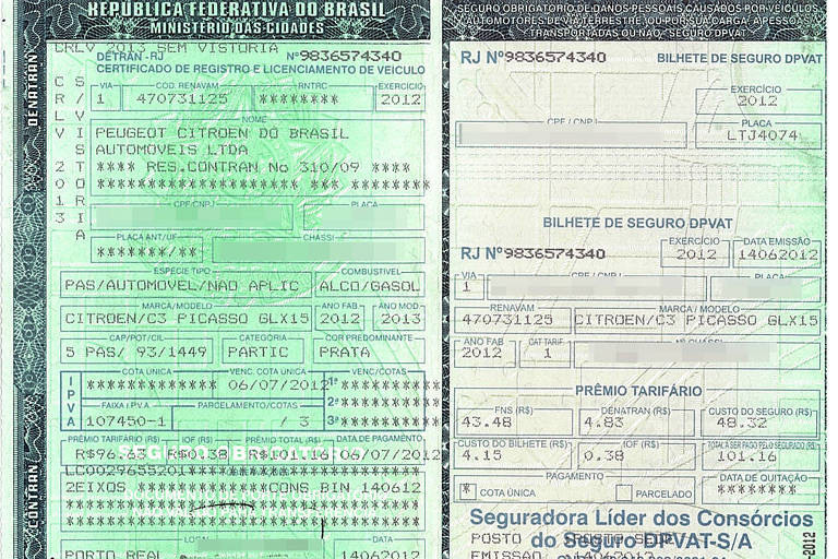 Documento de carro e comprovante de seguro obrigatório, o DPVAT