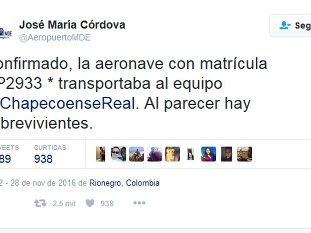 Twitter do Aeroporto José Maria Cordova confirma acidente com avião que transportava jogadores da Chapecoense  (Foto: Twitter / Aeroporto José Maria Córdova)