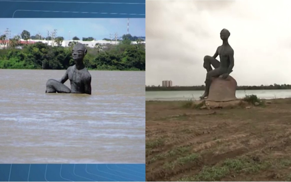 Escultura 'Nego D'água, antes e depois da baixa do Rio São Francisco, em Juazeiro (Foto: Reprodução/ TV São Francisco)