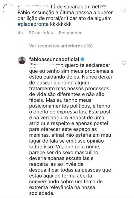 Fabio AssunÃ§Ã£o rebate crÃ­tica na web