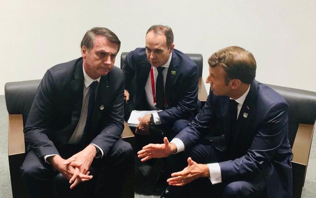 Encontro entre o presidente Jair Bolsonaro e o presidente francÃªs Emmanuel Macron â?? Foto: TV Globo