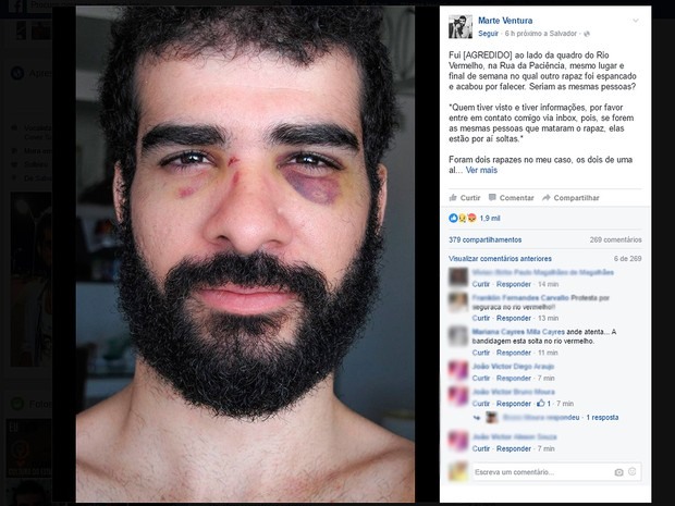 Cantor disse ter sido agredido na mesma rua e no mesmo dia em que jovem foi espancado (Foto: Reprodução/Facebook)