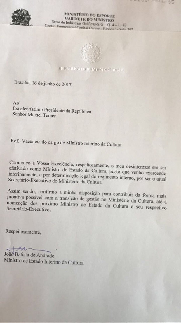 Carta de demissão do ex-ministro interino da Cultura para Temer