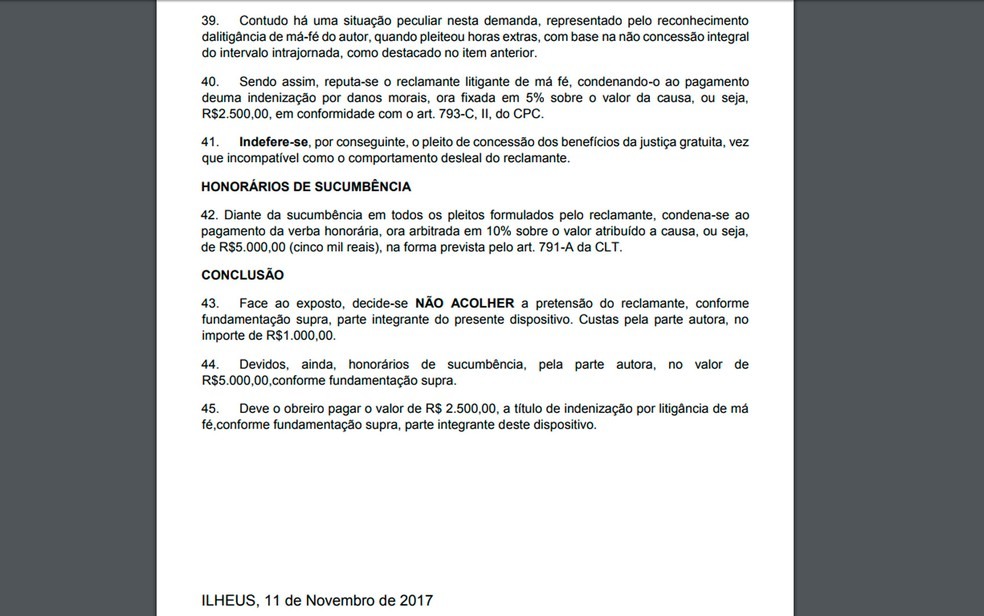 Juiz condenou empregado em ação trabalhista em Ilhéus, no sul da Bahia (Foto: Reprodução)