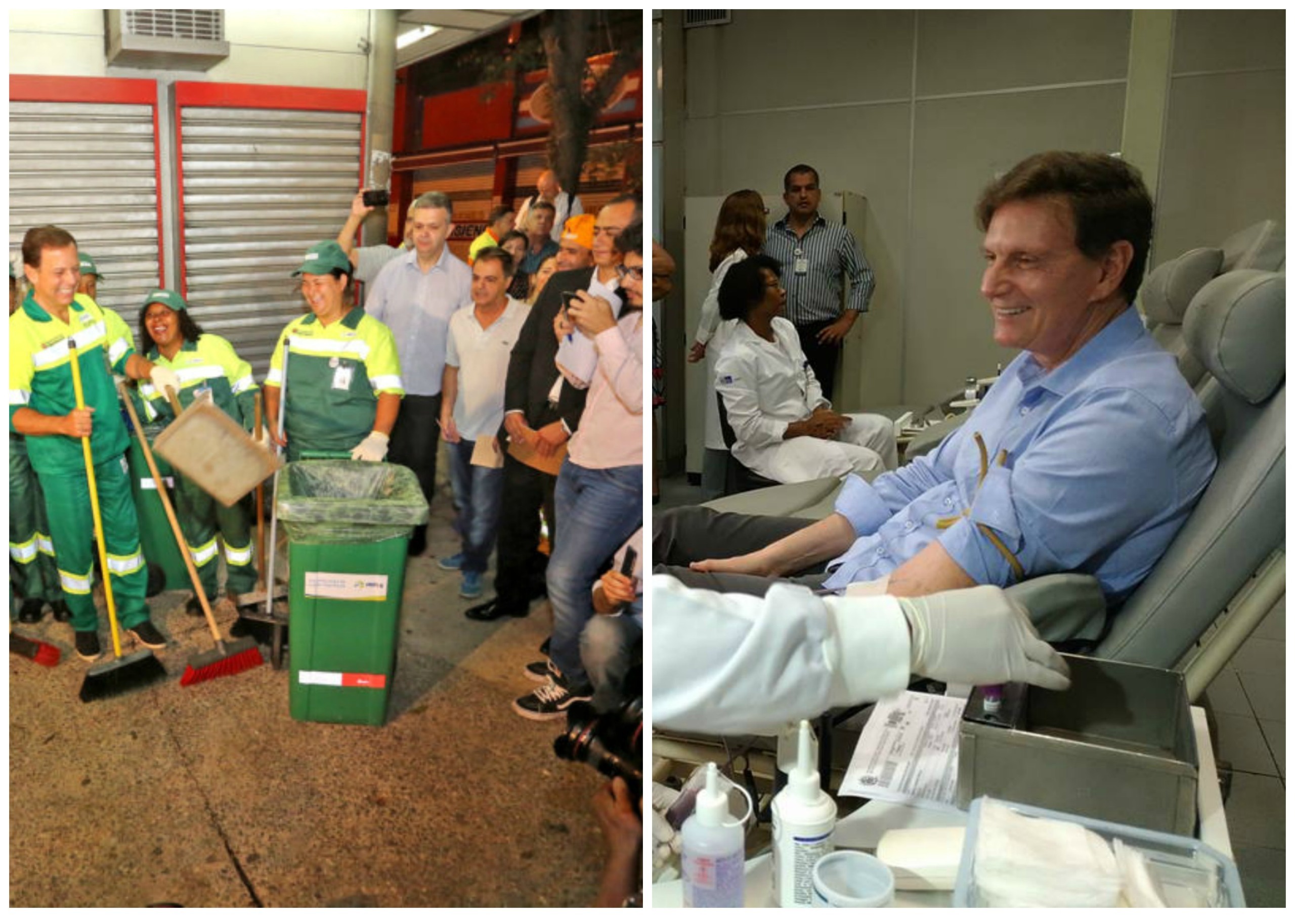 No primeiro compromisso como prefeito, Doria vestiu uniforme da limpeza urbana e Crivella doou sangue