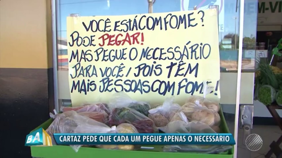 Placa avisa para pegar somente o necessÃ¡rio (Foto: ReproduÃ§Ã£o/TV Bahia)