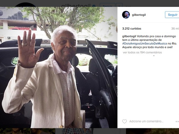 Gilberto Gil postou foto no Instagram ao sair do hospital (Foto: Reprodução/Instagram/Gilberto Gil)