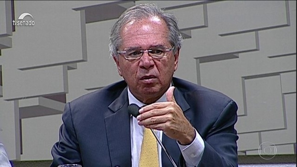 O ministro Paulo Guedes ao falar sobre reforma da PrevidÃªncia em audiÃªncia no Senado nesta quarta-feira (27) â?? Foto: ReproduÃ§Ã£o/JN