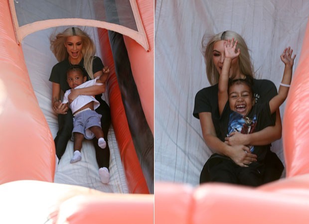 Kim Kardashian com os filhos Saint e North (Foto: The Grosby Group)