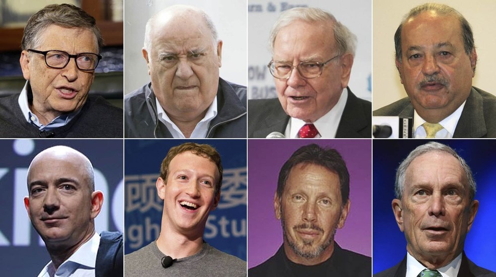 Os oito mais ricos do mundo, da esquerda para a direita: Bill Gates, Amancio Ortega, Warren Buffett, Carlos Slim Helu, Jeff Bezos, Mark Zuckerberg, Larry Ellison e Michael Bloomberg (Foto: Nati Harnik/AP; Shannon Stapleton/Reuters; Xurxo Lobato/Getty Images; Lane Hickenbottom/Reuters; Reuters; Reprodução/Facebook/Mark Zuckerberg; Divulgação; Thibault Camus/AP)