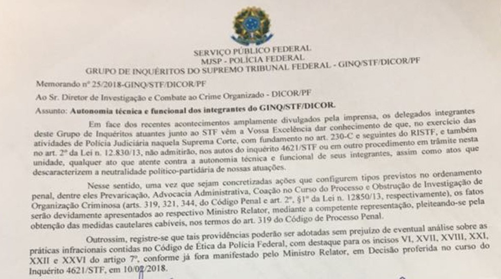 Memorando entregue por delegados da Polícia Federal a diretor de combate ao crime organizado. No documento, delegados dizem que não admitirão interferência em seu trabalho (Foto: Reprodução)