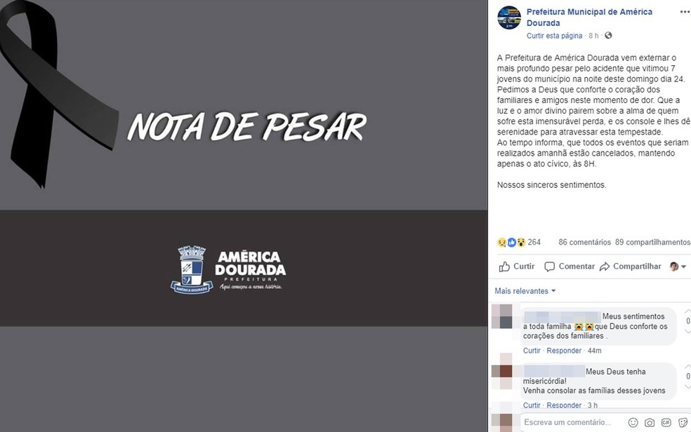 Prefeitura de AmÃ©rica Dourada emitiu nota de pesar por conta do acidente na BA-052 â?? Foto: ReproduÃ§Ã£o/Facebook