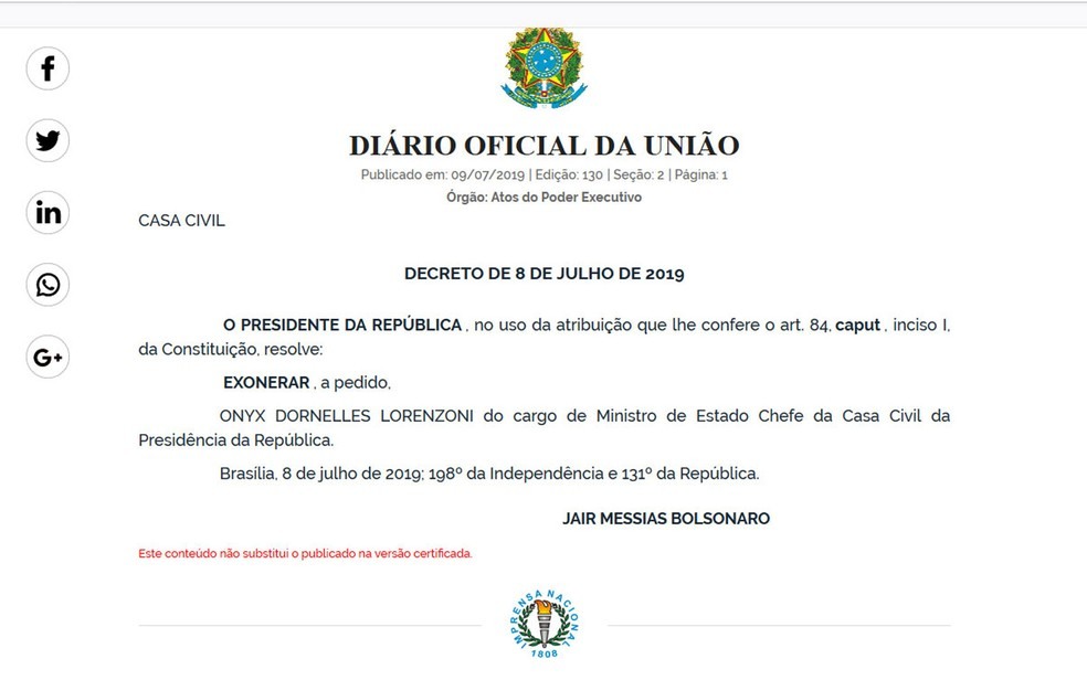 ExoneraÃ§Ã£o de Onyx Lorenzoni â?? Foto: ReproduÃ§Ã£o / DiÃ¡rio Oficial da UniÃ£o