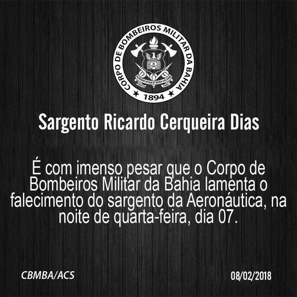 Nota de pesar do Corpo de Bombeiros (Foto: Divulgação)