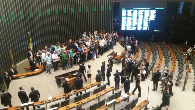 Plenário da Câmara invadido por manifestantes que pediam intervenção militar (Foto: Bernardo Caram/G1)