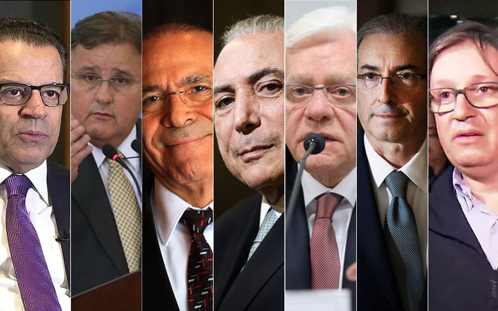 Os integrantes do PMDB denunciados pela PGR: Henrique Eduardo Alves, Geddel Vieira Lima, Eliseu Padilha, Michel Temer, Moreira Franco, Eduardo Cunha e Rodrigo Rocha Loutes (Foto: Montagem/G1)