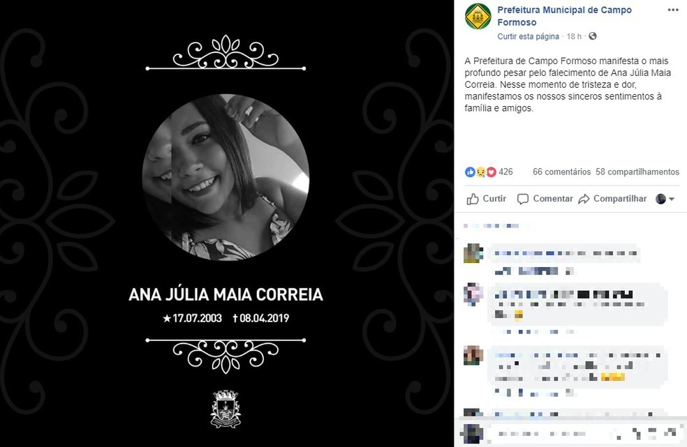 Nas redes sociais, a prefeitura municipal lamentou a morte da adolescente. â?? Foto: ReproduÃ§Ã£o / Redes Sociais