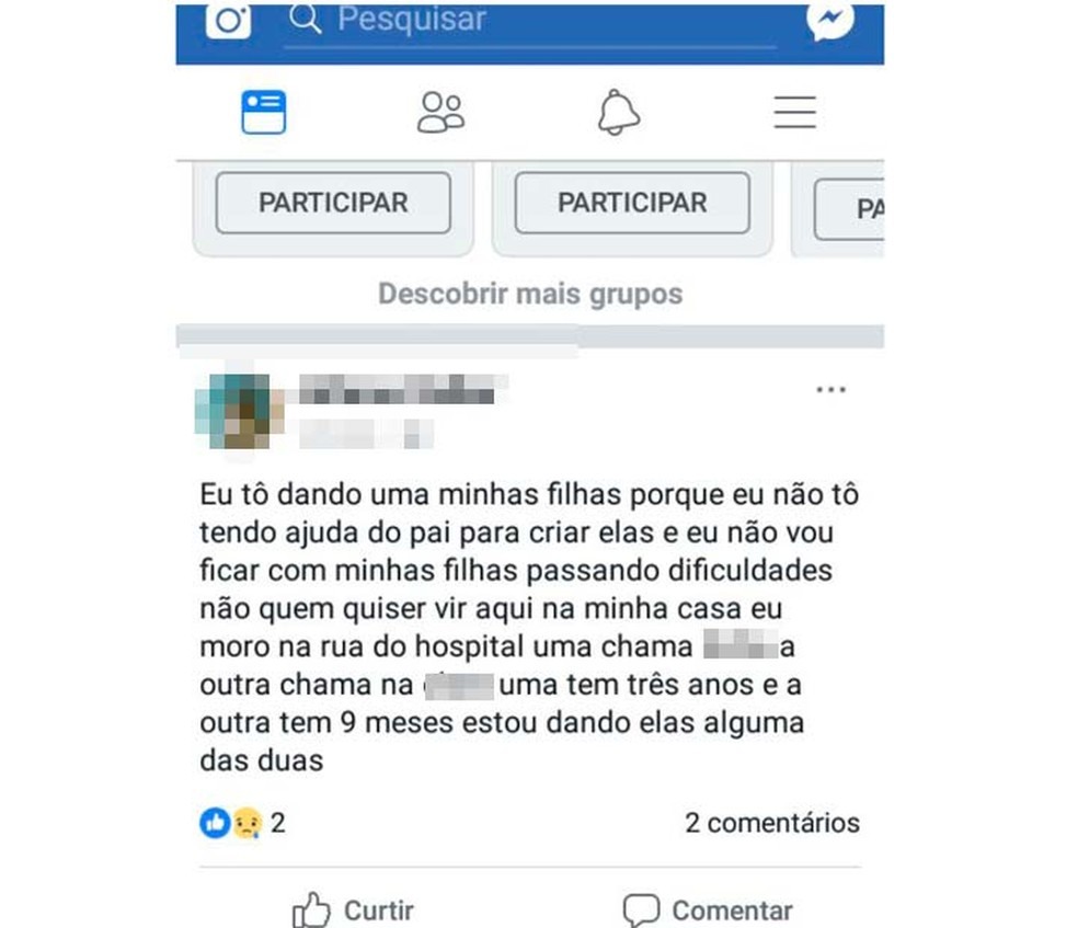 Mulher anunciou doação das filhas em postagem de rede social na Bahia (Foto: Calmon Notícias/Reprodução/Facebook)