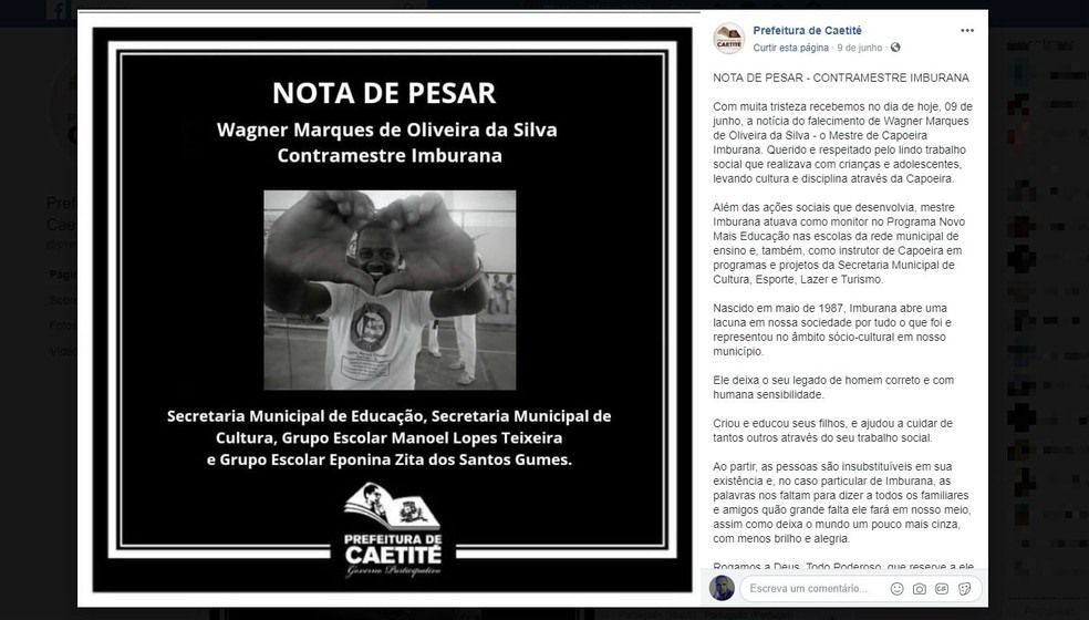 A prefeitura da cidade utilizou as redes sociais para lamentar a morte do homem.  â?? Foto: ReproduÃ§Ã£o / Redes Sociais