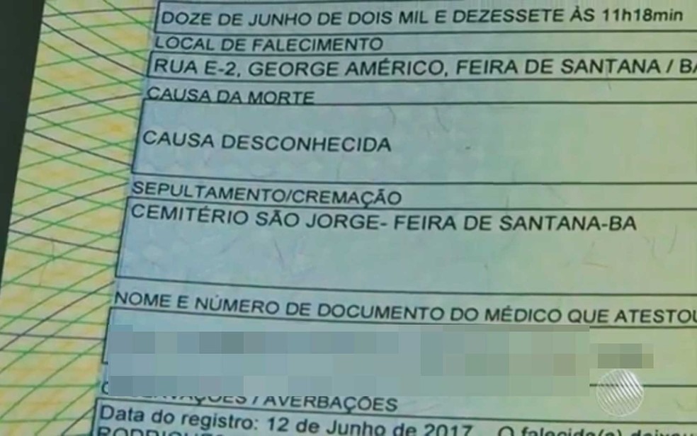 Atestado de óbito de Daniel aponta que a causa da morte dele é desconhecida  (Foto: Imagem/TV Subaé)