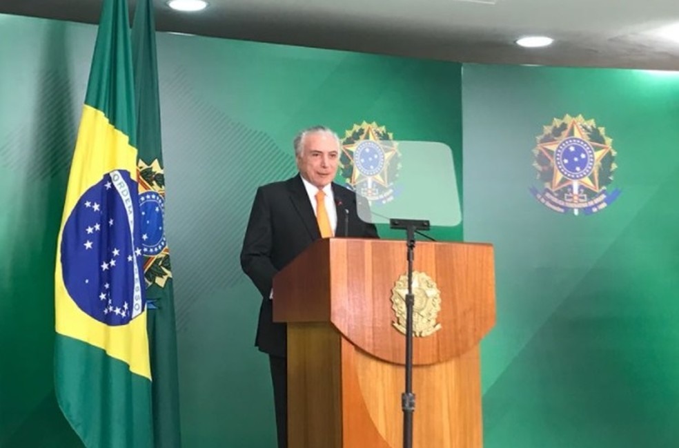 O presidente Michel Temer, durante pronunciamento no PalÃ¡cio do Planalto (Foto: Guilherme Mazui/G1)