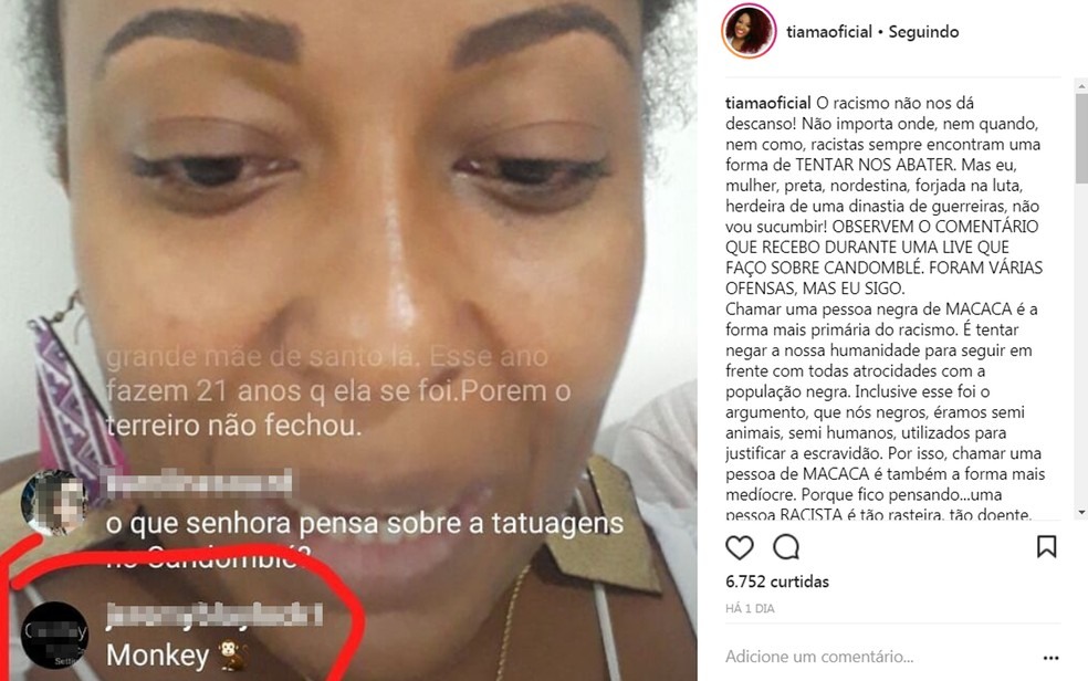 Usuário do Instagram chama jornalista de "monkey" em rede social (Foto: Reprodução/ Instagram)