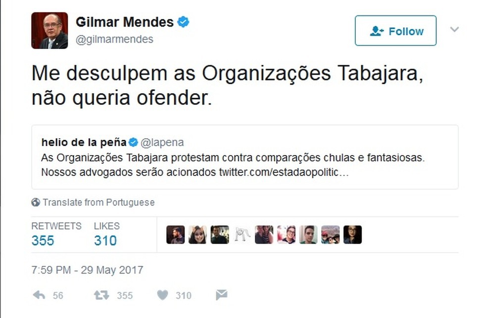 Mensagem publicada por Gilmar Mendes no Twitter na noite desta segunda (29) (Foto: Reprodução)