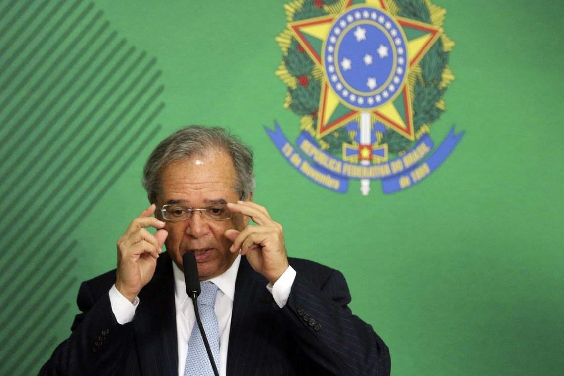 O ministro da Economia, Paulo Guedes, durante entrevista coletiva no PalÃ¡cio do Planalto.