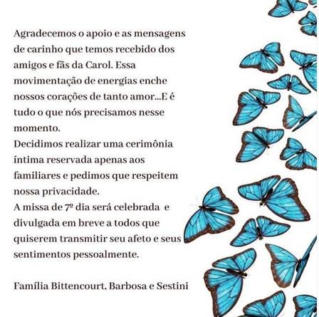 Filha de Carol Bittencourt, Belle, reabre perfil e fala sobre cerimÃ´nia e missa de sÃ©timo dia