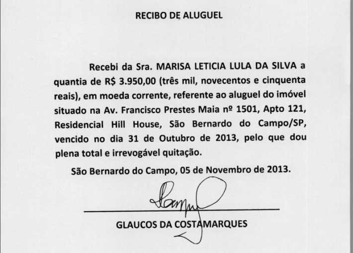 Resultado de imagem para fotos de recibo de aluguel do apartamento de lula