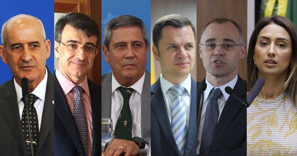 Os novos ministros nomeados por Bolsonaro: Luiz Eduardo Ramos (Casa Civil), Carlos Alberto Franco França (Relações Exteriores), Walter Braga Netto (Defesa), Anderson Torres (Justiça), André Mendonça (AGU) e Flávia Arruda (Secretaria de Governo)  — Foto: Divulgação