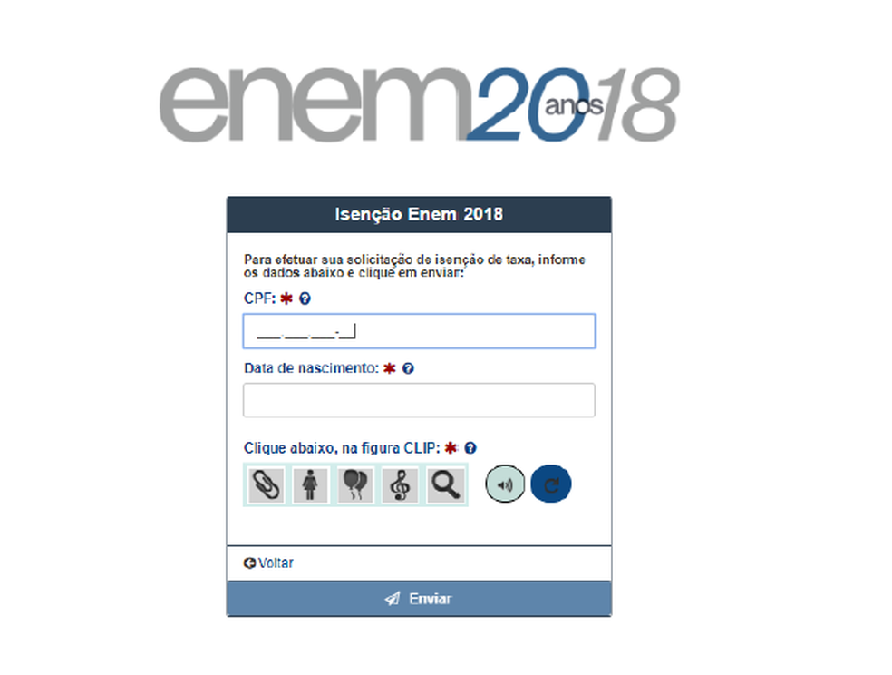Enem 2018: tela 1 do pedido de isenÃ§Ã£o (Foto: ReproduÃ§Ã£o/ Inep)